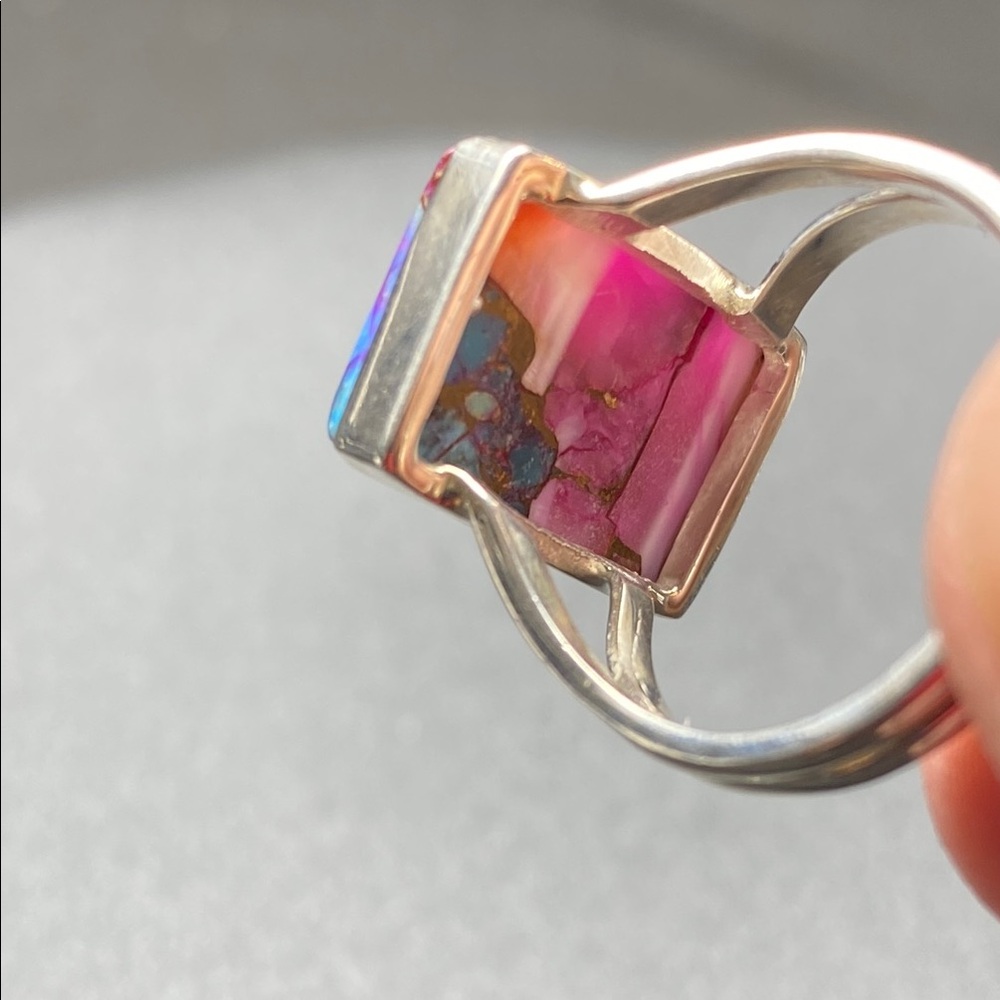 Kingman Pink Dahlia Turquoise Ring Size 8 in Solid Sterling Silver 925 - Picture 5 of 6